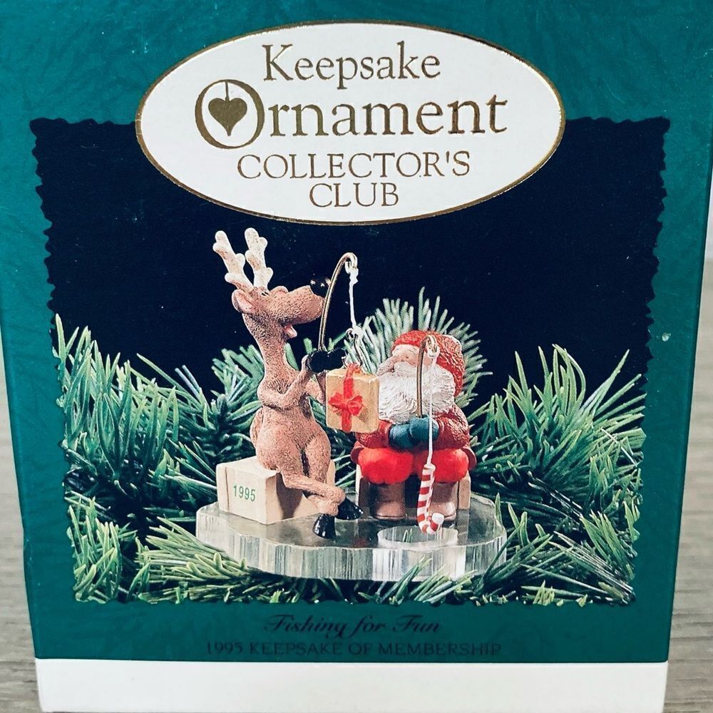 Hallmark Vintage Ornament Fishing for Fun Santa Reindeer 1995